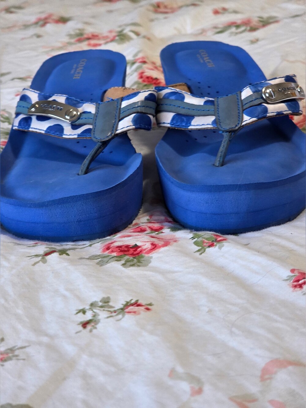 Coach Jaden Blue White Polka Dot Wedge Flip Flop | Signature Sole | Size 6 Y2K - Picture 4 of 15